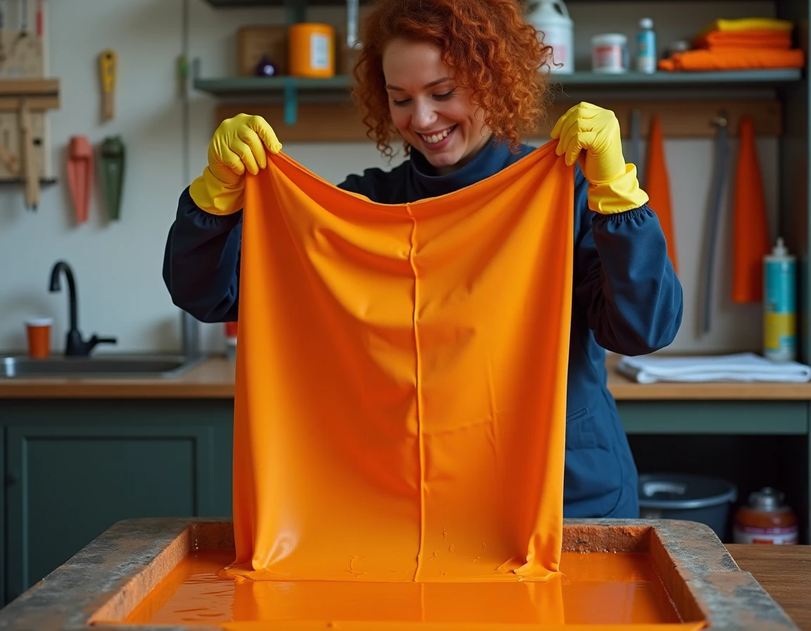Femme inspectant un tissu polyester teint en orange dans un atelier textile