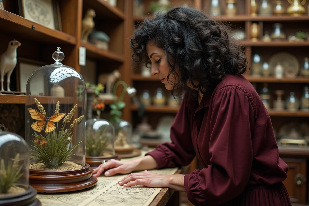 Intérieur du magasin Djadjas à Lille, cliente admirant une collection d'insectes sous cloche en verre parmi des étagères chargées d'objets insolites