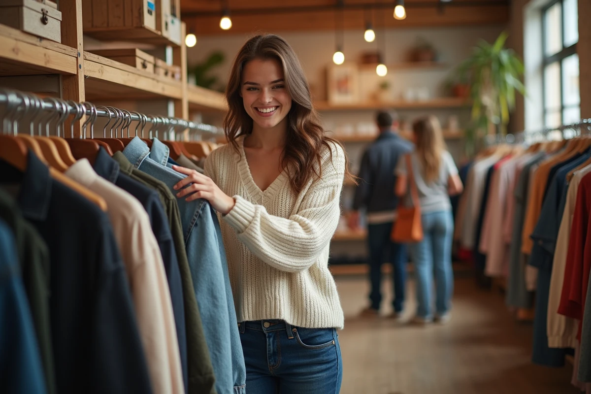 Jeune femme dans une boutique de seconde main souriante