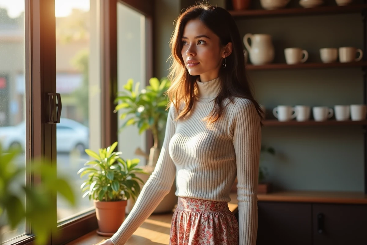 Jeune femme au café près d une fenêtre ensoleillée