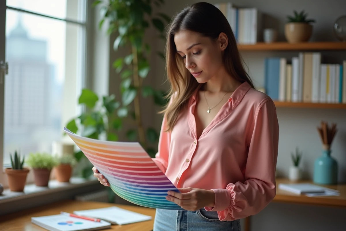 Jeune femme examine un échantillon de couleur 2026 dans un espace moderne