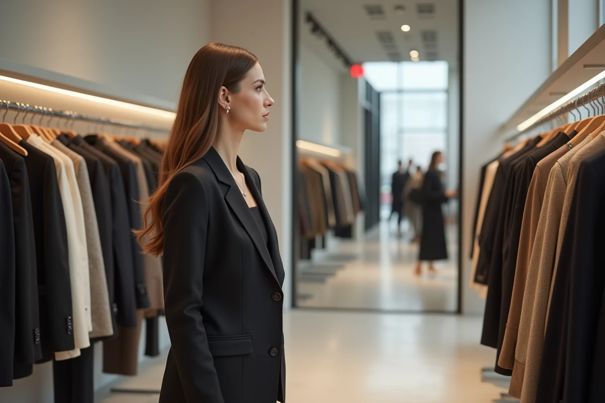 Jeune femme élégante dans un magasin de mode moderne