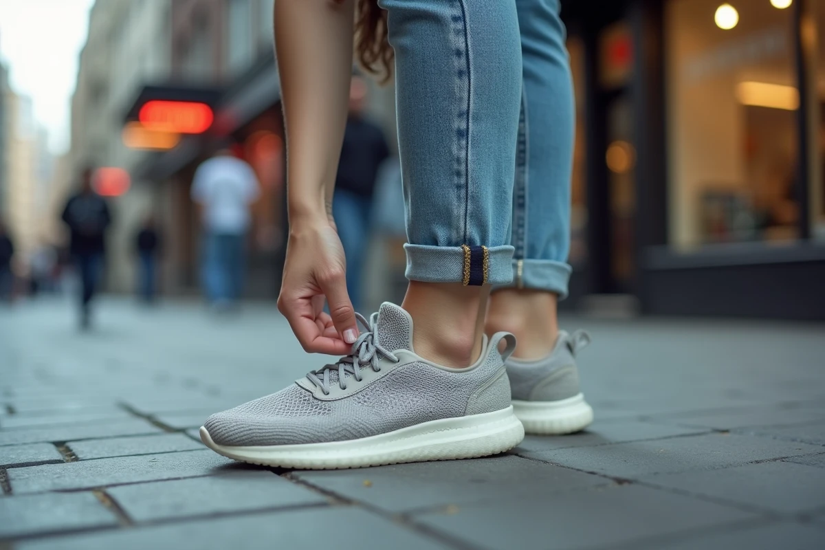 Jeune femme inspecte ses sneakers en ville dans la rue