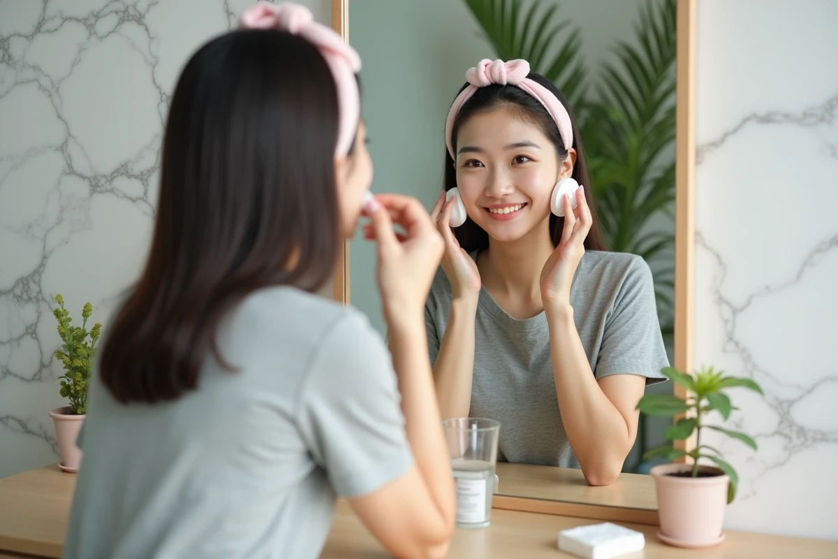 Jeune femme asiatique appliquant du toner dans sa salle de bain