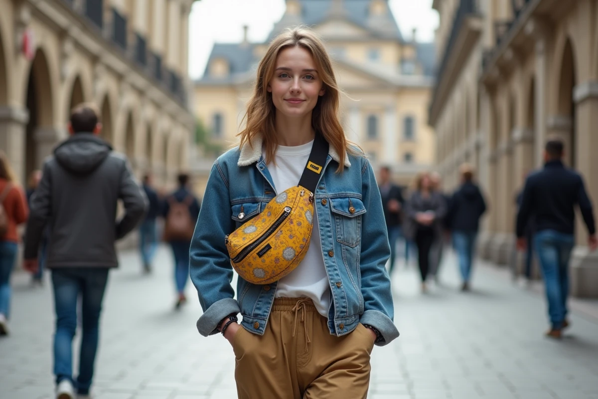 Jeune femme dans une ville européenne avec sac banane coloré
