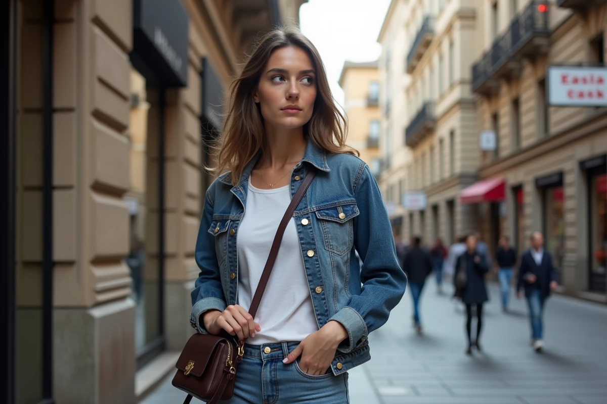 Jeune femme en ville ajustant son sac à bandoulière