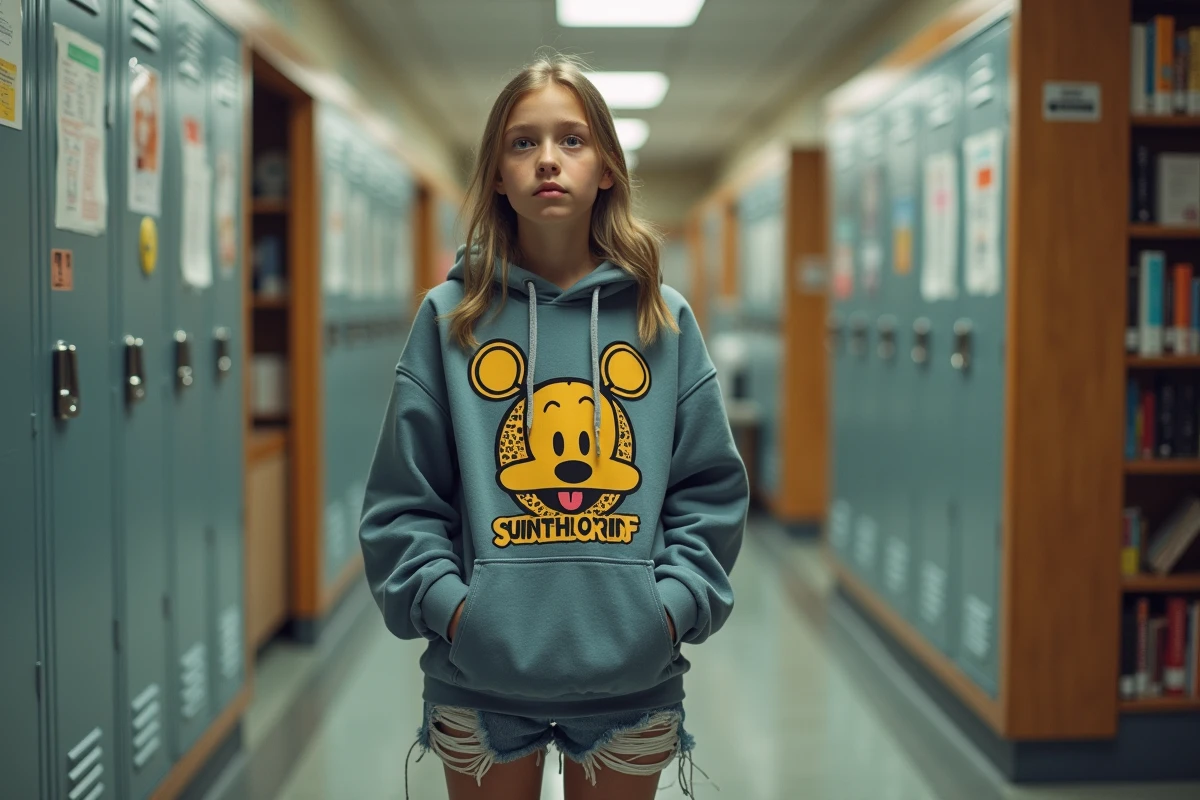 Jeune fille de 16 ans en hoodie graphique dans un couloir scolaire