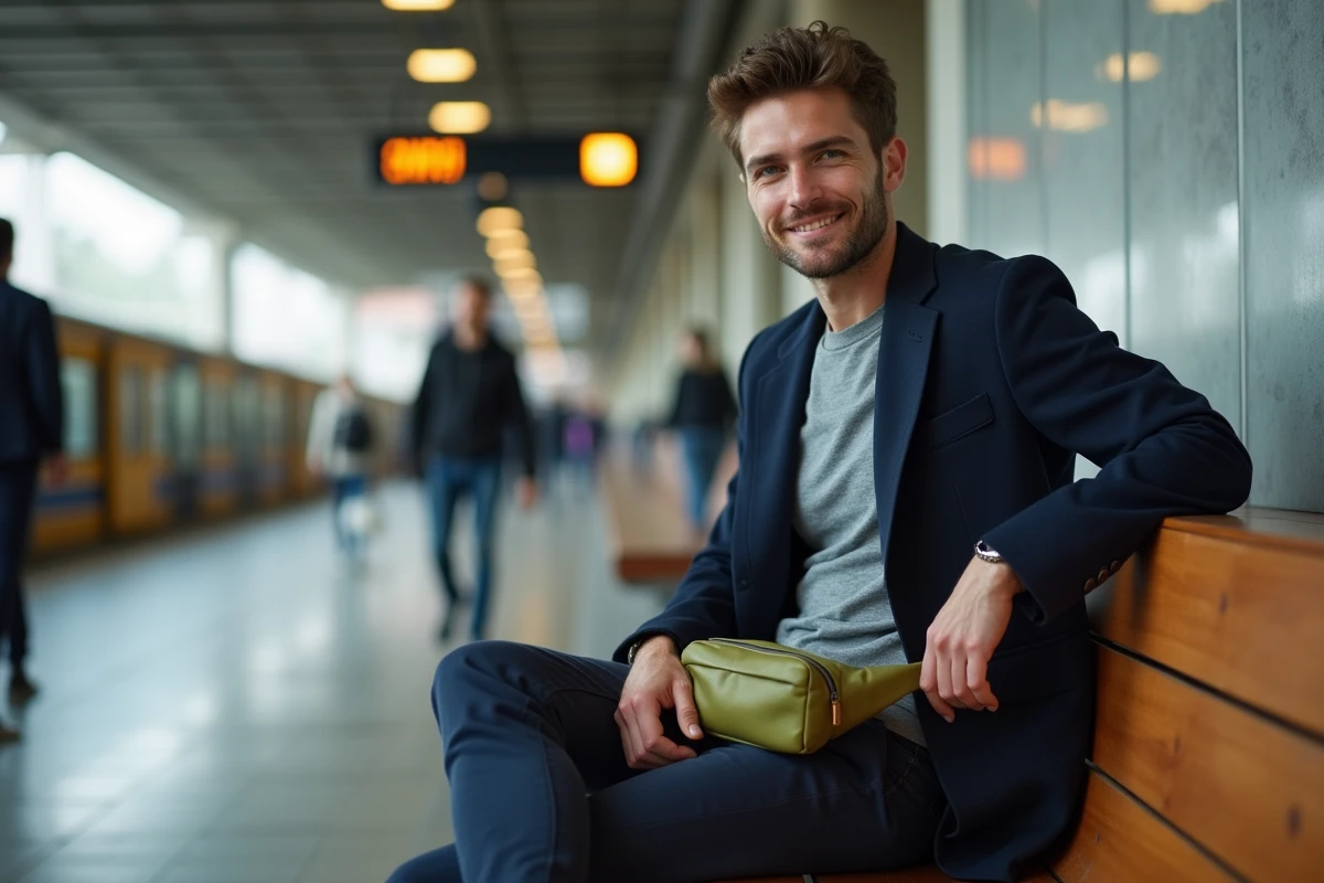 Jeune homme avec sac banane dans une gare moderne