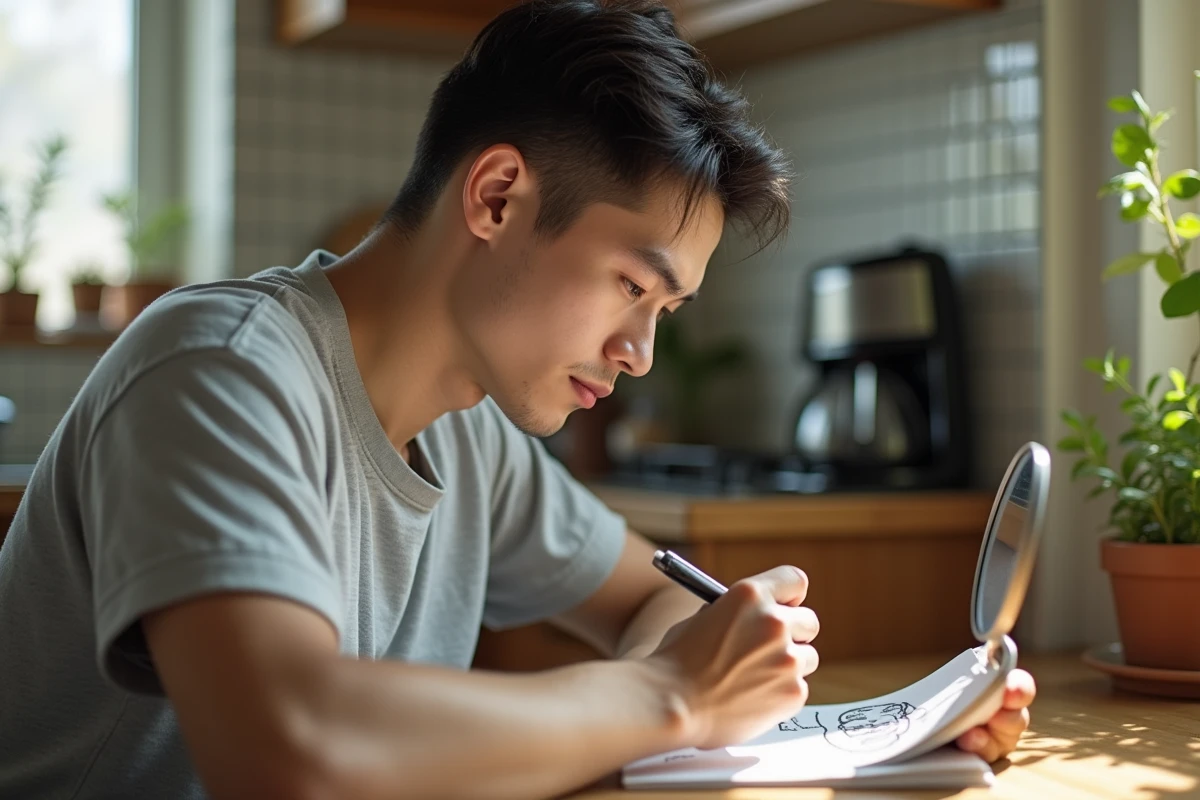 Jeune homme dessinant son visage dans la cuisine ensoleillee