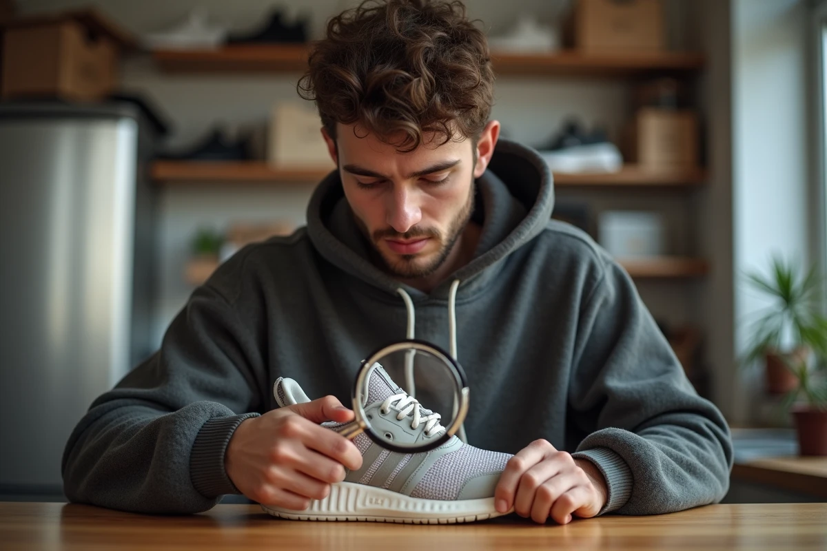 Jeune homme regardant une sneaker avec loupe dans un intérieur