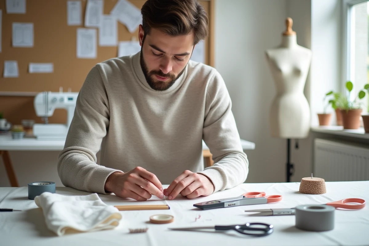 Jeune homme organisant ses outils de couture sur une table
