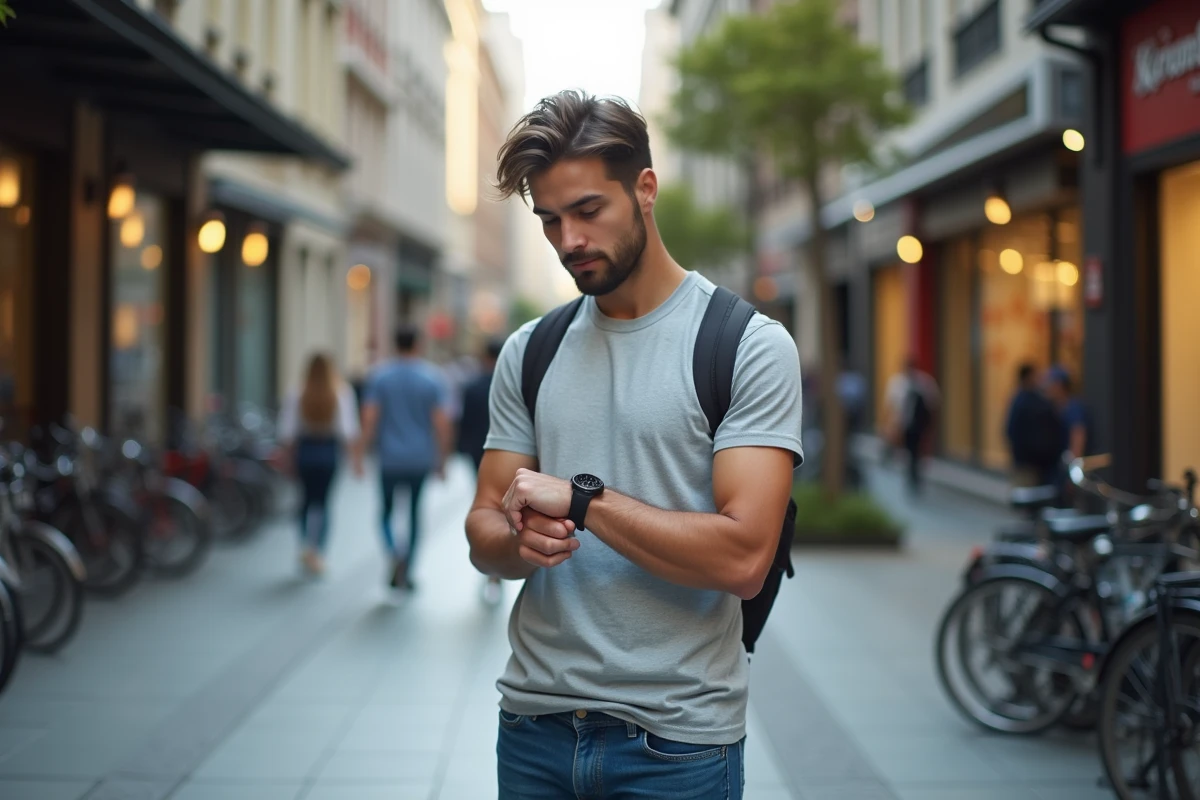 Jeune homme regardant sa montre en marchant en ville