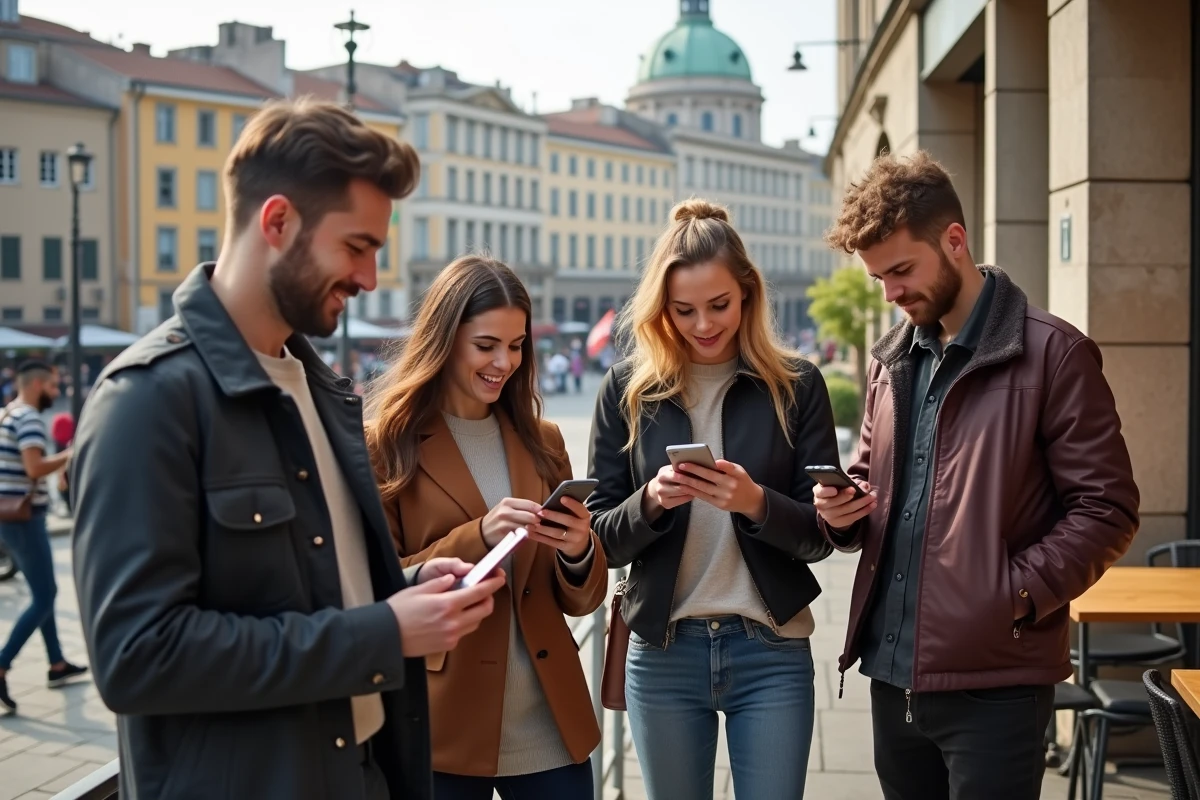 Groupe de jeunes adultes sur une terrasse de café en ville