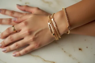 Kit de bracelets personnalisés avec prénoms gravés en or posés sur du marbre blanc, idée cadeau originale