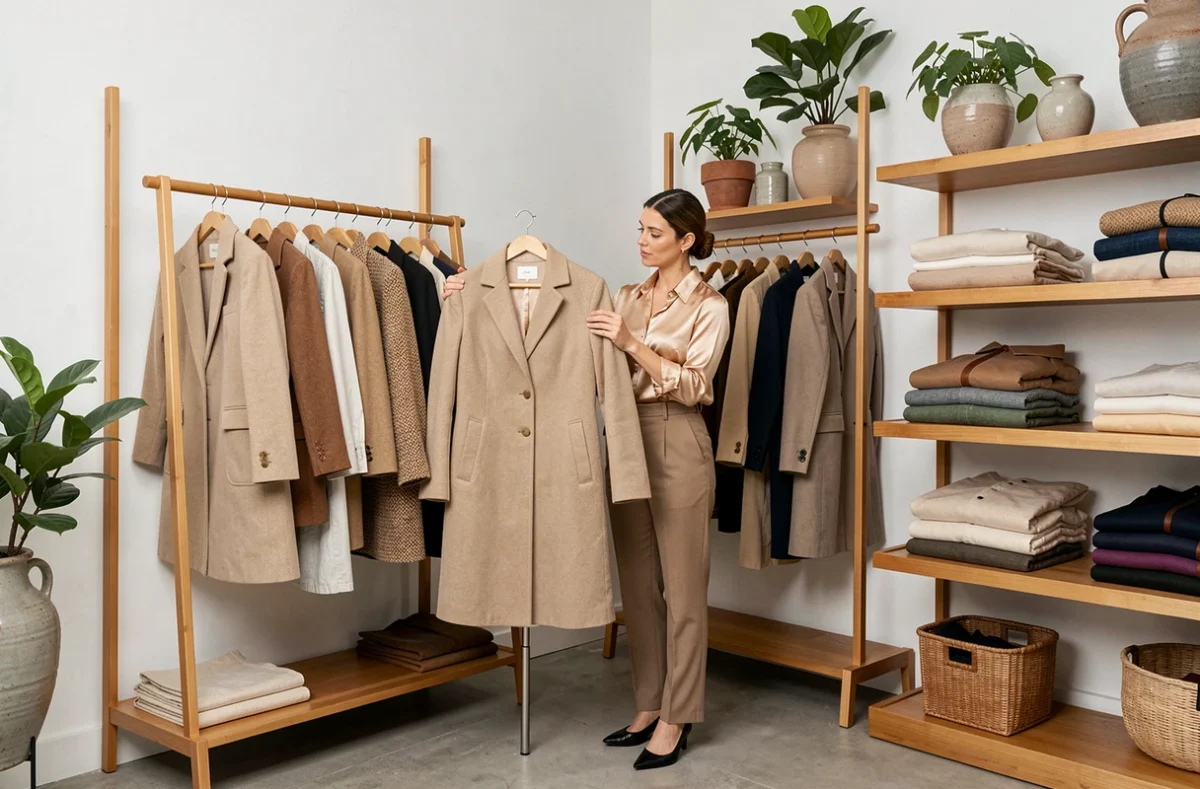 La boutique La Bonne Tenue à Lyon, un espace élégant et épuré avec des vêtements vintage soigneusement sélectionnés et une cliente qui examine un manteau en laine