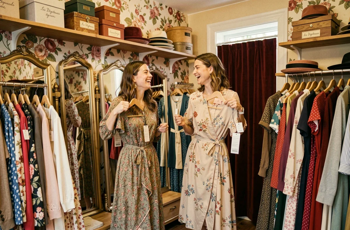 La boutique Les Dégoteuses à Lyon où deux amies fouillent ensemble un portant de robes imprimées des années 50 à 80 dans un cadre chaleureux et féminin