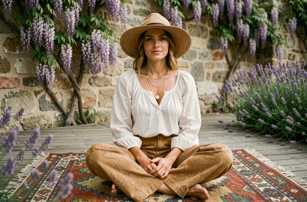 Femme en tenue bohème chic avec pantalon suédé large et blouse paysanne blanche sur terrasse provençale entourée de glycine