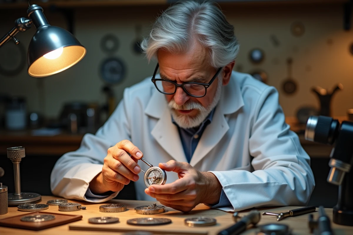 Maître horloger assemblant un mouvement de montre de luxe avec des brucelles dans un atelier d'horlogerie traditionnel