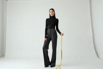 Mannequin femme de grande taille debout en studio tenant un mètre ruban, illustrant les mensurations standard dans la mode