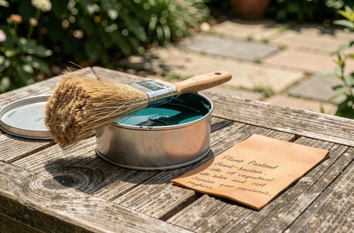 Gros plan sur des matériaux de peinture cuir écologique incluant pigments végétaux et pinceau naturel sur table en chêne