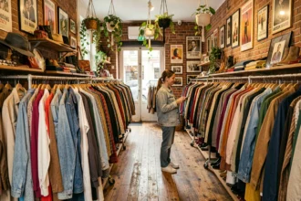Intérieur d'une friperie lyonnaise avec des rangées de vêtements vintage colorés sur des portants métalliques et une cliente qui parcourt les rayons