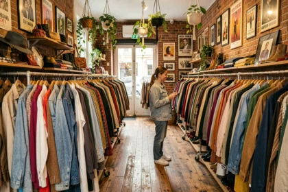 Intérieur d'une friperie lyonnaise avec des rangées de vêtements vintage colorés sur des portants métalliques et une cliente qui parcourt les rayons