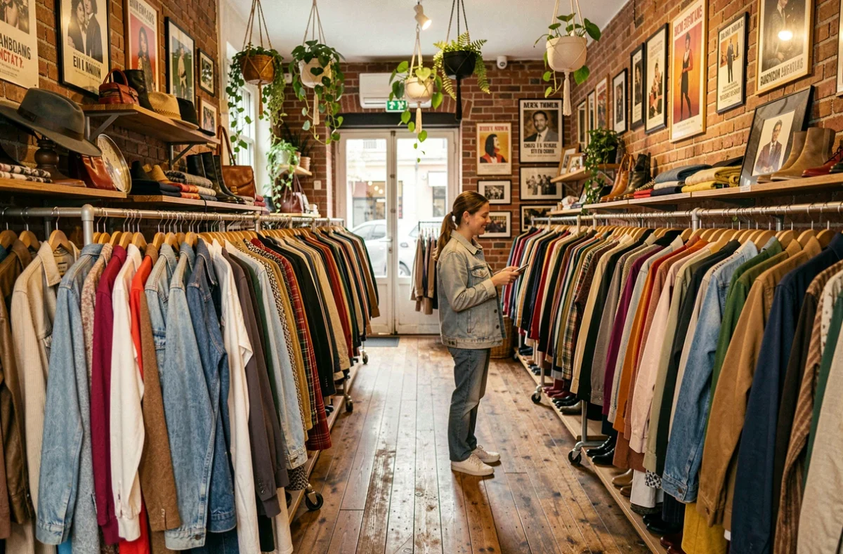 Intérieur d'une friperie lyonnaise avec des rangées de vêtements vintage colorés sur des portants métalliques et une cliente qui parcourt les rayons