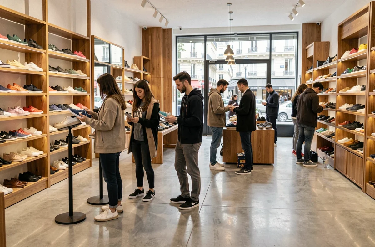 Des clients essayant des chaussures dans un grand magasin de chaussures moderne en Île-de-France