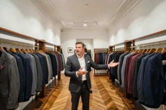 Vue intérieure d'un magasin de costumes pour homme en Centre-Val de Loire avec des costumes sur mesure exposés sur des portants en bois