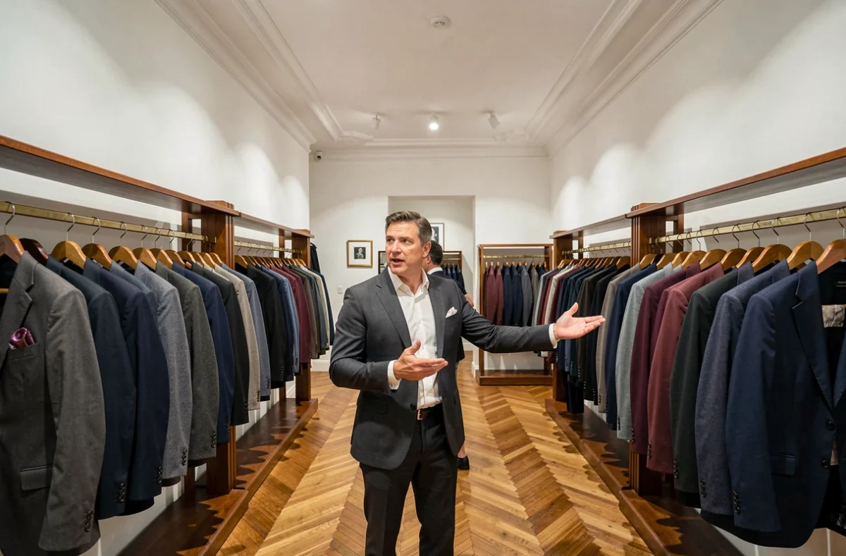 Vue intérieure d'un magasin de costumes pour homme en Centre-Val de Loire avec des costumes sur mesure exposés sur des portants en bois