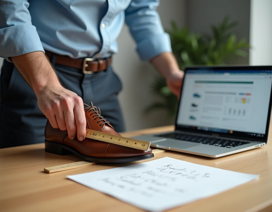Homme mesurant la pointure d'une chaussure à la maison avec une règle sur du papier