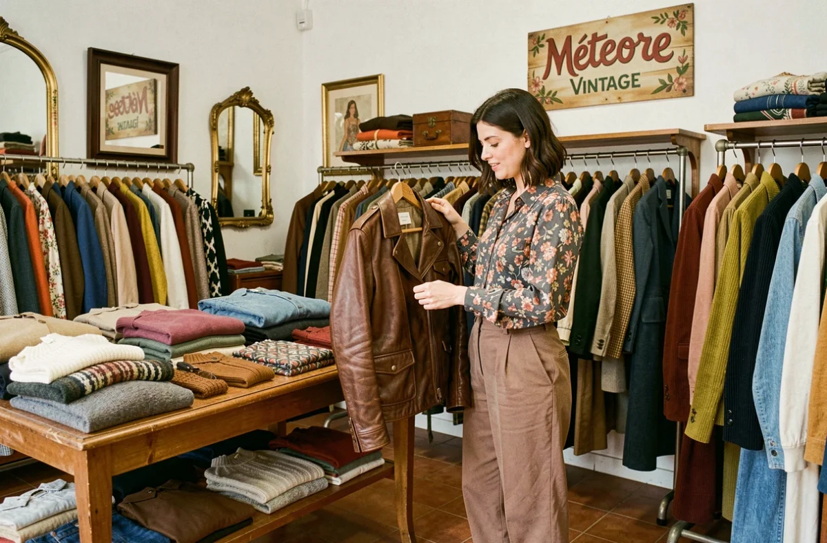 Intérieur de la boutique Météore Vintage à Lyon avec des vêtements des années 70 et 80 sur des portants et une cliente inspectant une veste en cuir