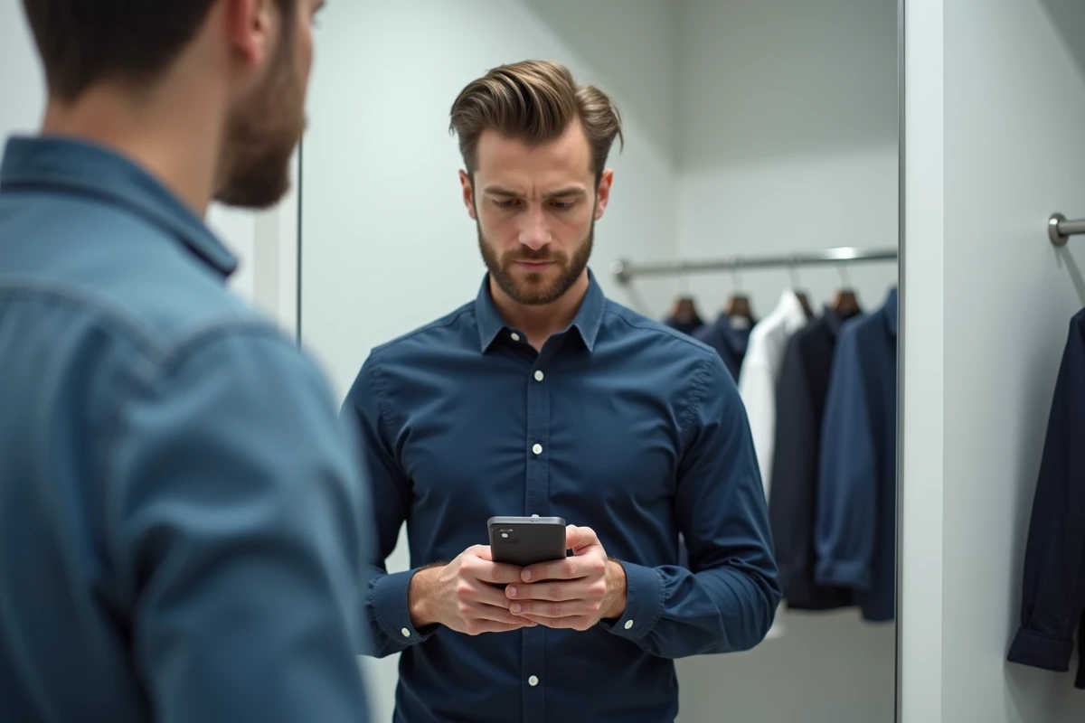 Homme consultant et modifiant son profil habillement sur smartphone dans une cabine d'essayage