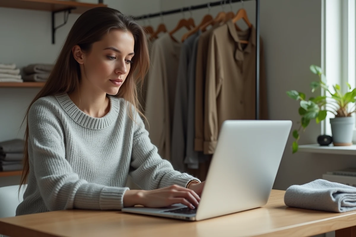 Femme modifiant ses informations de taille et d'adresse sur un espace personnel en ligne depuis son bureau à domicile