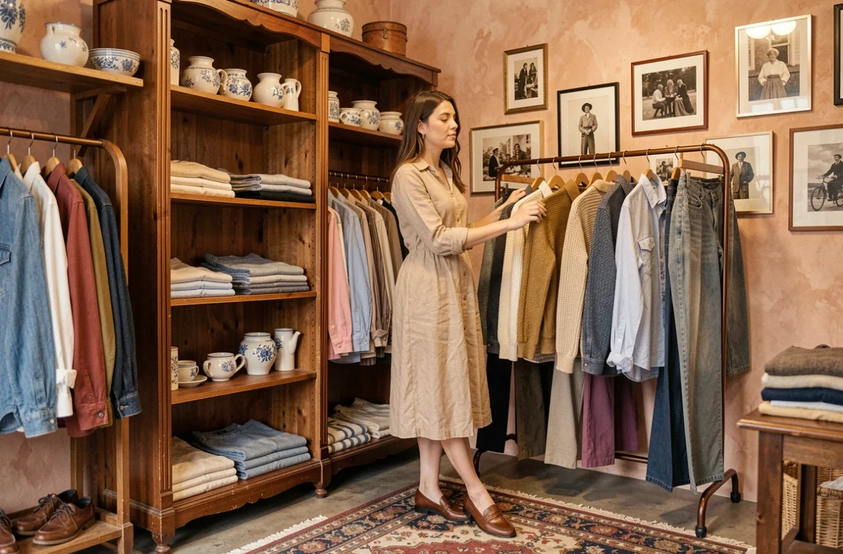 La boutique Moitié Moitié à Lyon combinant vêtements vintage et objets lifestyle, avec une cliente qui explore un portant de pulls des années 90