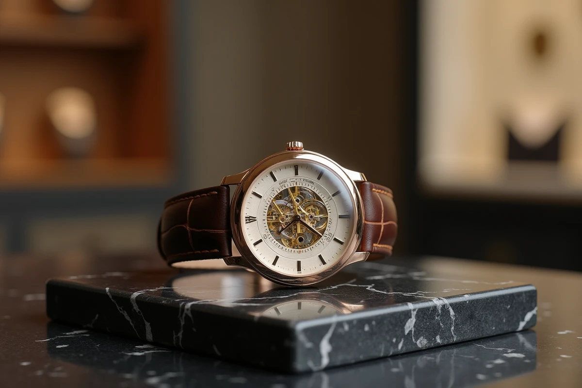 Montre de luxe squelettée avec tourbillon en or posée sur marbre noir dans un atelier horloger haut de gamme