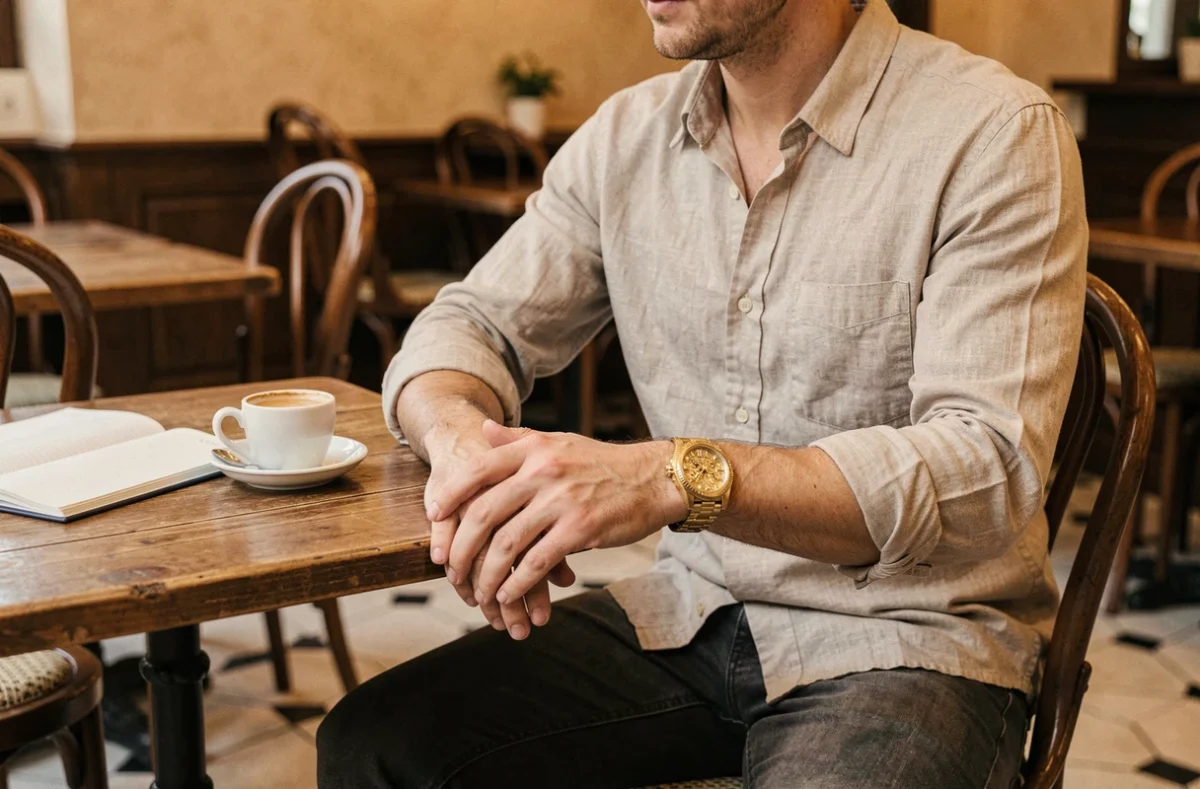 Jeune homme en tenue décontractée linen portant une montre dorée trop habillée dans un café parisien, exemple d'erreur d'association de style vestimentaire