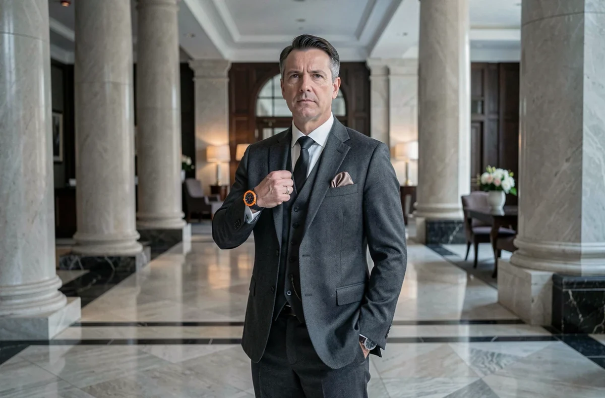 Homme en costume trois pièces élégant portant une montre de plongée sportive avec lunette orange dans un lobby d'hôtel luxueux, illustrant un contraste de style à éviter