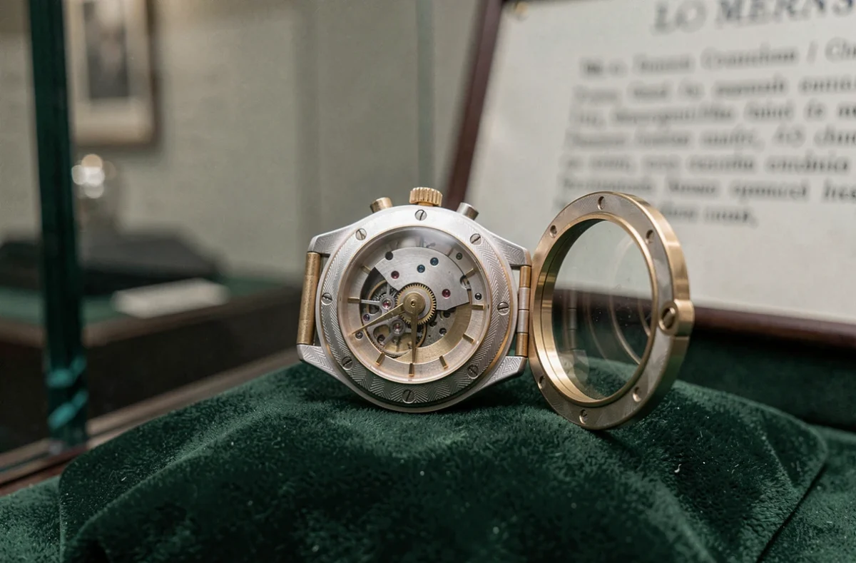 Montre de luxe tourbillon en or blanc sur coussin de velours vert dans une vitrine de musée horloger
