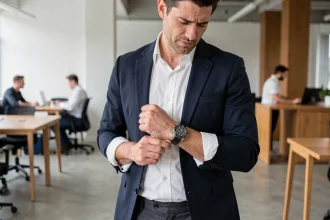 Homme en blazer marine portant une montre chronographe trop grande pour son poignet dans un bureau moderne, illustrant une erreur de style courante