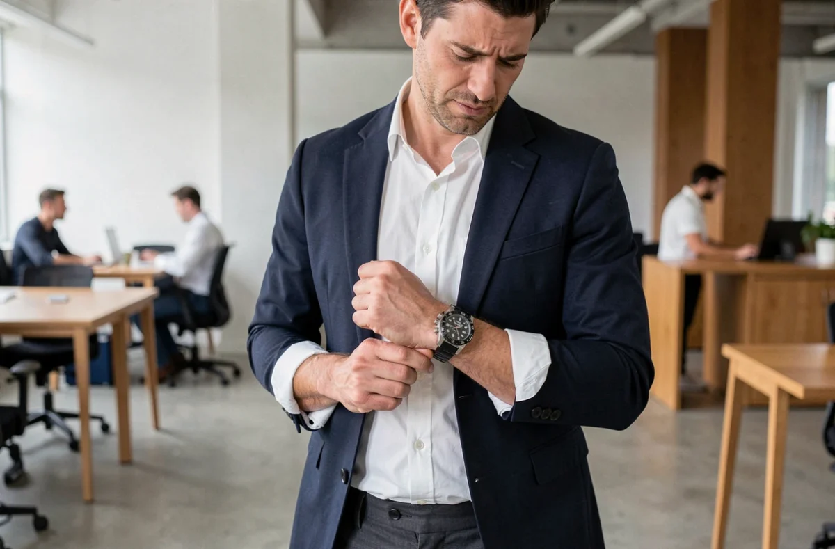 Homme en blazer marine portant une montre chronographe trop grande pour son poignet dans un bureau moderne, illustrant une erreur de style courante