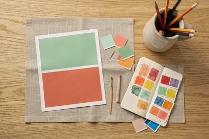 Nuancier couleur vert d'eau et couleur complémentaire corail imprimé posé à plat sur un bureau en bois avec carnet de design