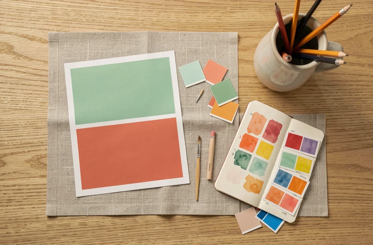 Nuancier couleur vert d'eau et couleur complémentaire corail imprimé posé à plat sur un bureau en bois avec carnet de design
