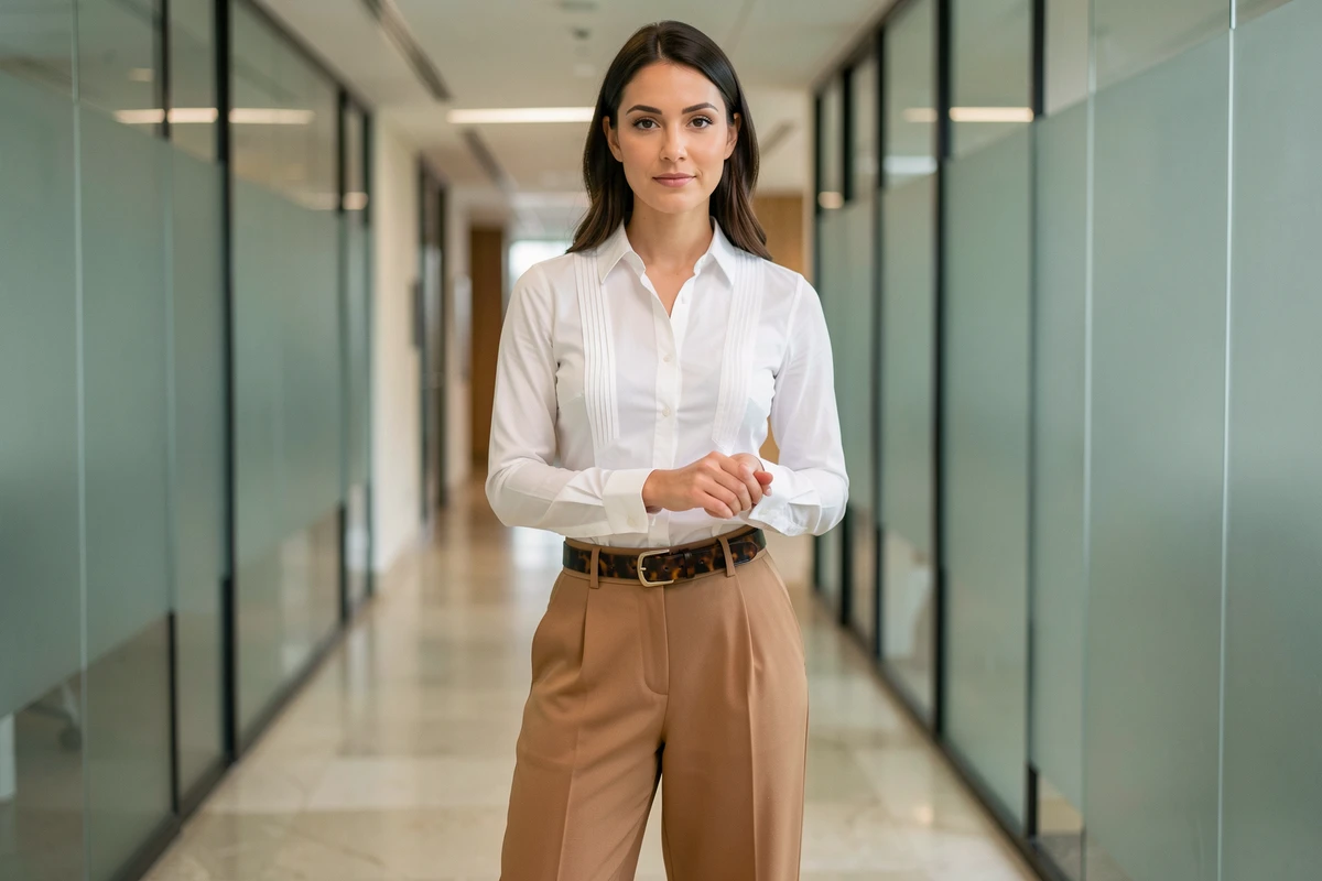 Femme en pantalon large camel et chemise blanche à détails en couloir de bureau corporate, look professionnel élégant et féminin
