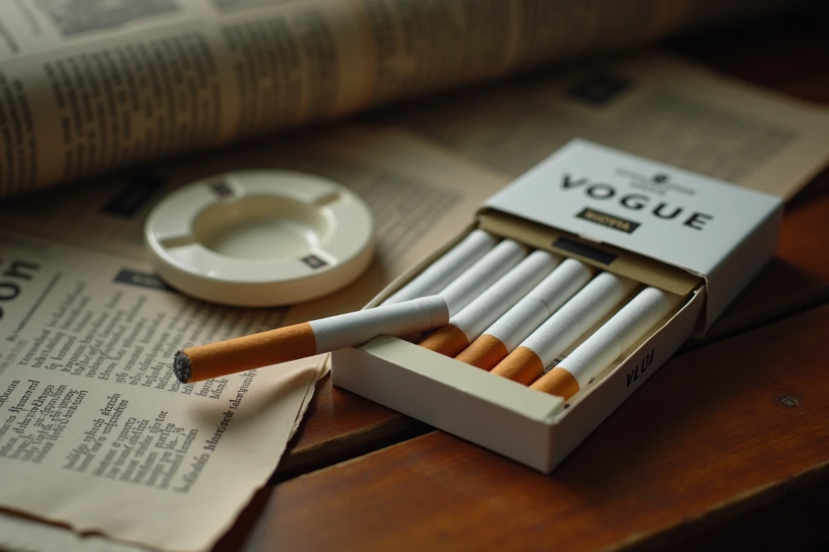 Paquet de cigarettes Vogue ouvert posé sur un bureau en bois avec un cendrier et un journal français, mettant en valeur le format slim et les détails du filtre
