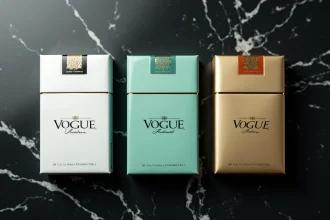 Trois paquets de cigarettes Vogue de couleurs différentes — blanc, vert menthol et doré — disposés côte à côte sur du marbre noir en vue de dessus