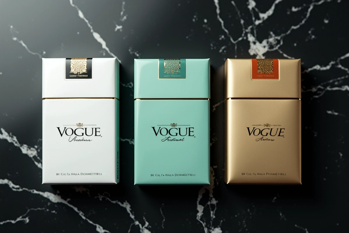 Trois paquets de cigarettes Vogue de couleurs différentes — blanc, vert menthol et doré — disposés côte à côte sur du marbre noir en vue de dessus