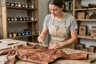 Femme appliquant une peinture cuir écologique sur une veste en atelier artisanal avec des pigments naturels