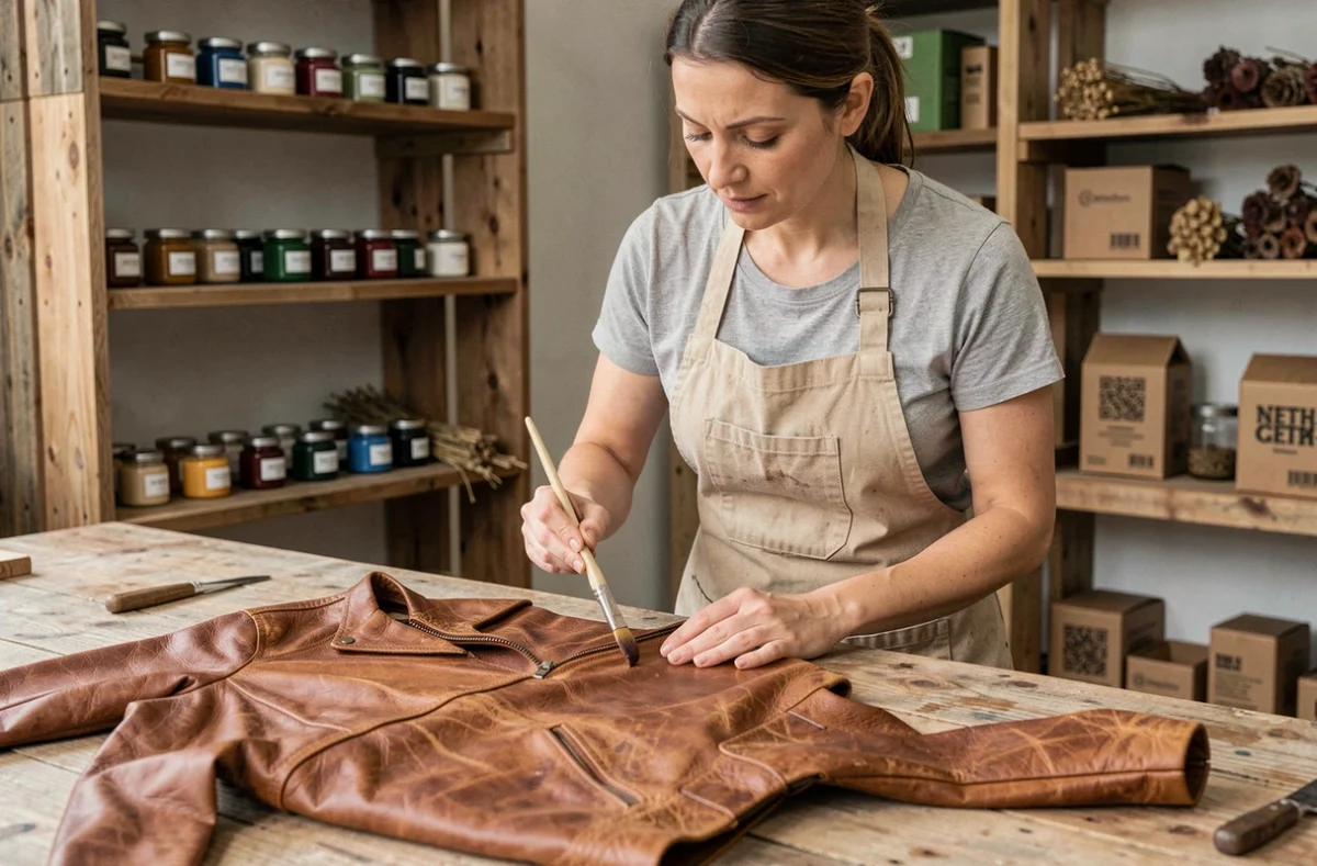 Femme appliquant une peinture cuir écologique sur une veste en atelier artisanal avec des pigments naturels