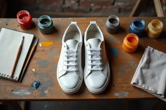 Peinture pour sneakers : comparaison entre peinture acrylique, peinture cuir et peinture textile sur un établi d'atelier